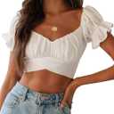 LYANER Women's Cute Ruffle Puff Short Sleeve Tie Back Crop Top Off The Shoulder Cropped Blouse White Small