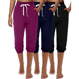 Ficerd 3 Pcs Women's Capri Sweatpants Joggers Summer Casual Sports Cropped Lounge Pants High Waisted Athletic with Pockets.XL