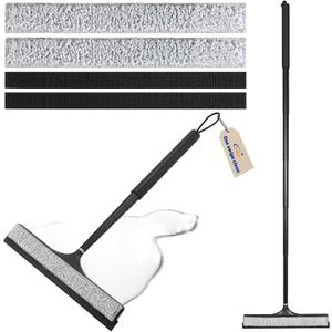 Shower Squeegee with Long Handle, Telescoping Window and Floor Extendable Squeegee for Shower Glass, Bathroom Surfaces, Mirrors, and Smooth Floors, Includes Replaceable and Washable Cloth Pads