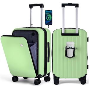 BISON DENIM 20 Inch Carry On Luggage, PC Lightweight Hardside Expandable Carry-On Luggage Airline Approved With Spinner Wheels, Front Compartment, Cup Holde, TSA-approved Lock, USB Port, Sage Green