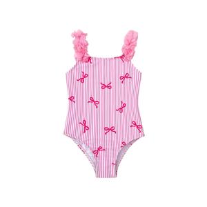 GORGLITTER Girl's Swimsuits Summer Cute Bow Striped Ruffle One Piece Bathing Suits Swimwear Tummy Control Swimsuit Pink 6 Years