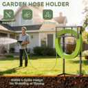 Garden Hose Holder Freestanding with Storage Basket, Heavy Duty Metal Water Hose Holder with 4 Anchor Spikes, Holds Up to 150FT of Hose for Yard, Lawn & Patio