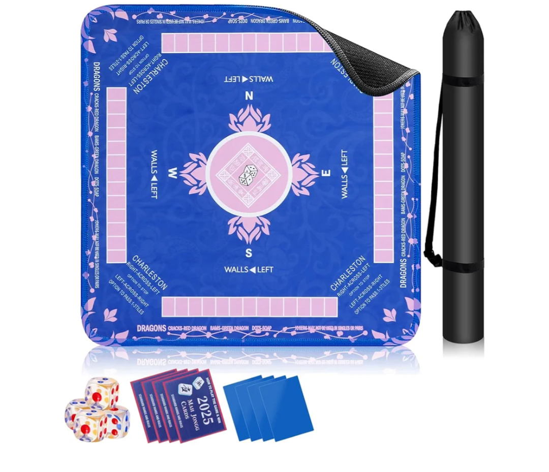 Blue Mahjong Mat with Rules, Anti-Slip Noise-Reducing Mahjong Mat for Table with 4 Rules, 4 Mahjong line Finder, 4 Tile Mixer, 4 Dice & Carrying Bag for Poker, Board Games, Tile Games