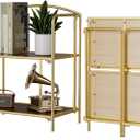 Crofy No Assembly Folding Bookshelf for Living Room, 2 Tier Gold Collapsible Book Shelf for Home Office, Portable Bookcase Storage Organizer