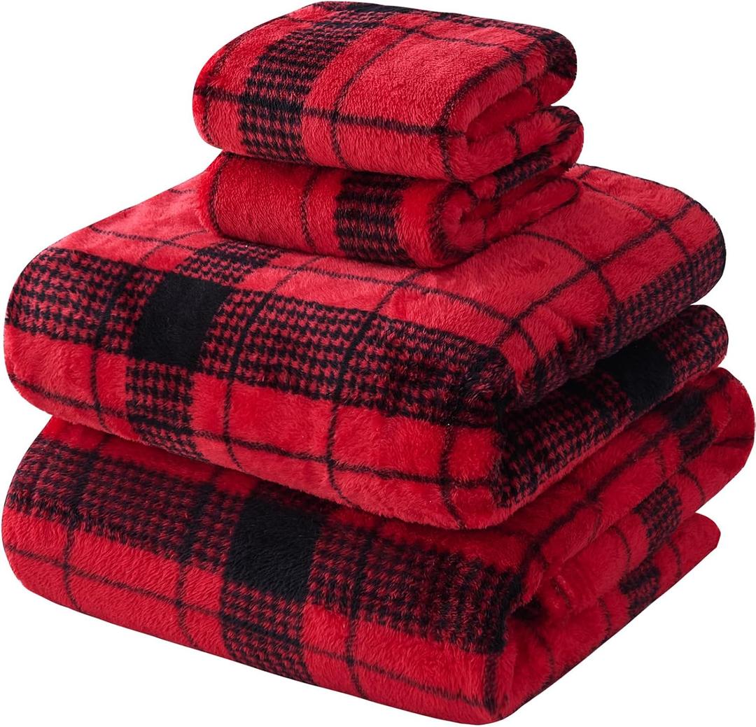 YIYEA Christmas Faux Fur Sheets, Luxury Ultra Soft Fleece Bed Sheets Set, Fluffy Plush Velvet Bedding for Fall Winter, Cozy Warmth, No Shedding, 4PC, Queen (03# Red Plaid)