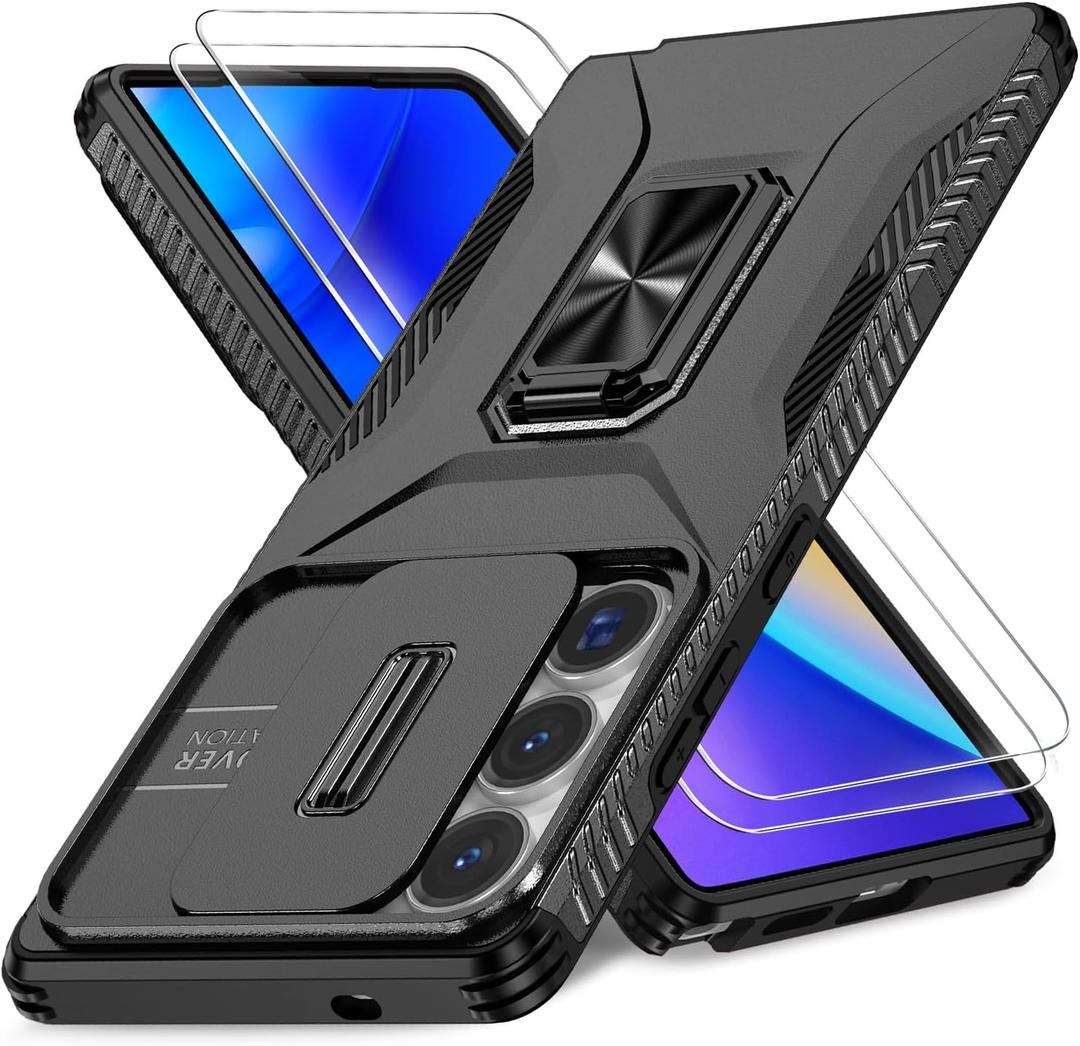 2 x Case for Samsung Galaxy S25 Ultra with Slide Camera Cover+Screen Protector(2 Packs), Military Grade Shockproof Protective Cover, Rotated Ring Kickstand(A - Black)