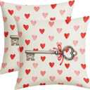 Red Pink Heart Valentines Pillow Covers 18x18 Inch Cute Sweet Vintage Love Key Throw Pillows For Couch Soft Durable Cushion Covers Valentines Day Farmhouse Pillow Cases for Bed Sofa Decor Set of 2