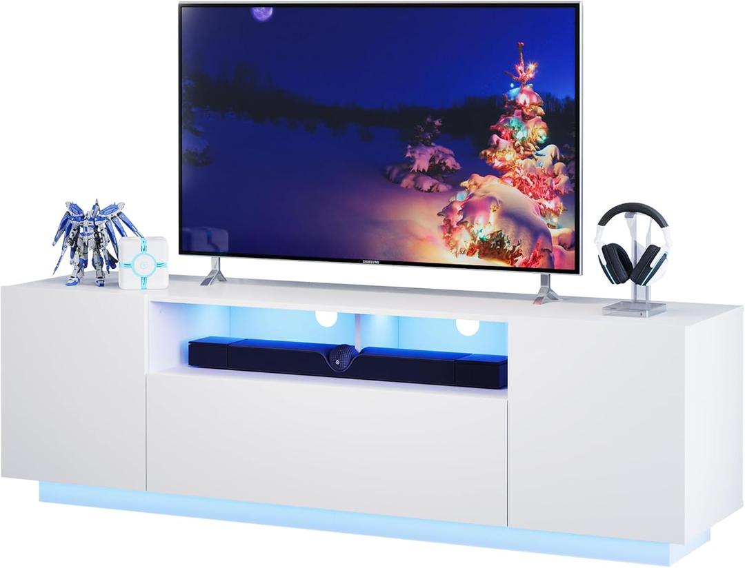 WLIVE TV Stand with LED Lights & Large Storage Cabinet, Modern Entertainment Center for 65 Inchs TV, Sturdy Media Console for Living Room, Bedroom, Gaming(White)