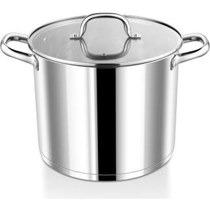 P&P CHEF 10 Quarts Cooking Stock Pot with Lid, Stainless Steel Stockpot Induction Pot for Soup, Tri-Ply Bottom & Clear Glass Lid & Double Handle, Dishwasher Safe