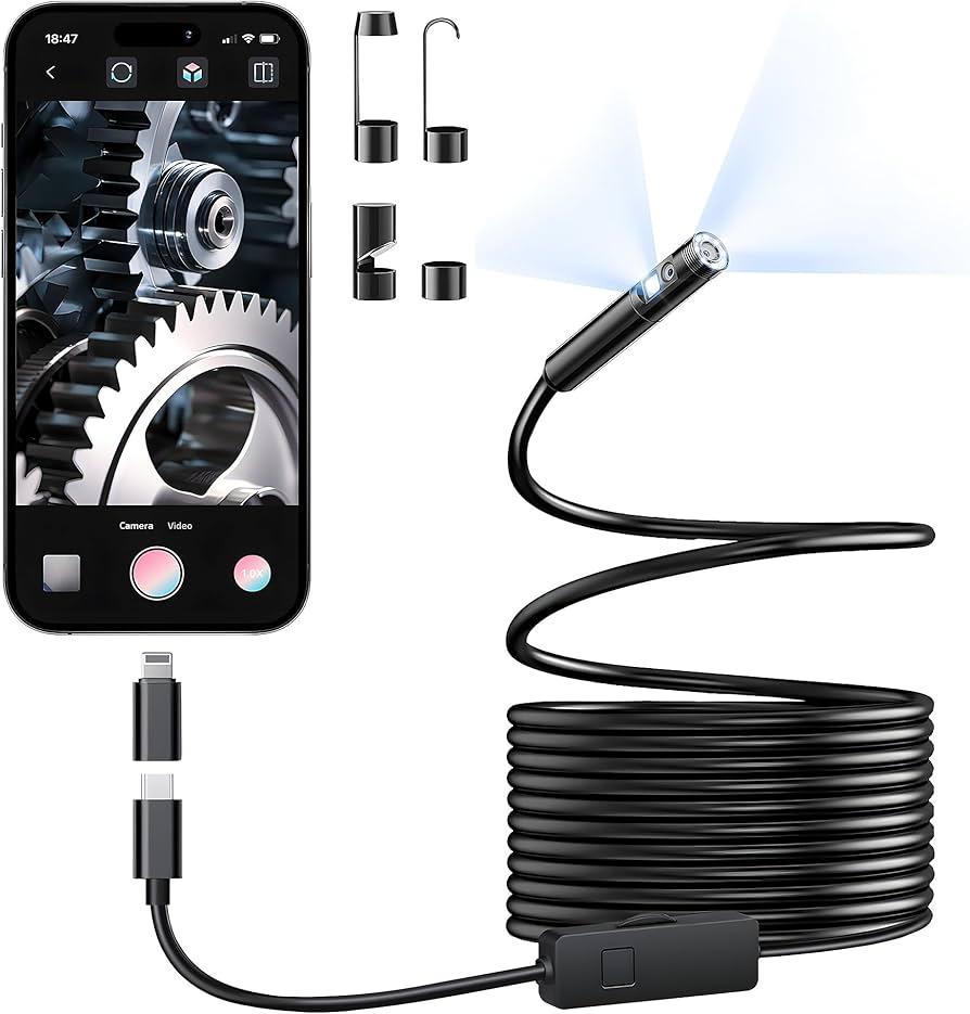 [DualLens] Endoscope Camera with Light, 1920P HD Borescope with 8+1 Adjustable LED Lights, IP67 Waterproof 16.5FT SemiRigid Snake Cord Inspection Camera for iPhone, iPad and Android Phone (Type C)
