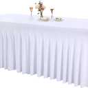 1 Pack White Tableclothes for 6 Foot Rectangle Tables, Wrinkle Resistant Fitted Table Cloth Stretch Spandex Table Covers with Skirt for Event Banquet Wedding Birthday Party