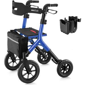 MAXWALK Rollator Walker with Seat, Tall Walkers for Seniors, 12" Big Rubber Wheels All Terrain Rollator Walker with Backrest, Built-in Cable, Foldable and Dual Adjustable Height for 5.3-7ft, Blue