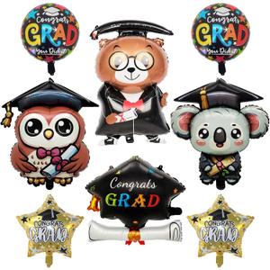 8 Pcs Graduation Balloons Class of 2025 Congrats Grad Mylar Party Decorations Cap Bear owls Koala Foil Balloons for Kindergarten College Graduation Party Supplies