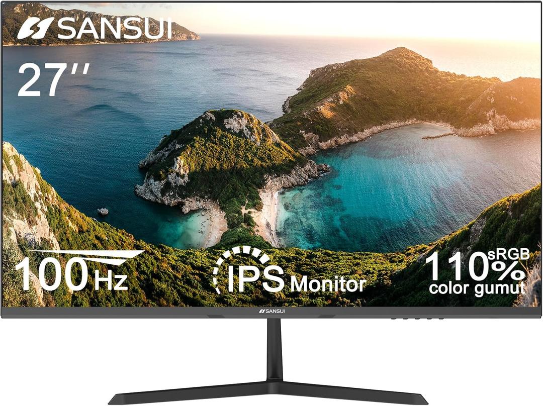SANSUI Monitor 27 Inch IPS 100Hz Computer Monitor, FHD 1080P HDR PC Monitor with HDMI Ports Adaptive Sync Tilt Adjustable Frameless VESA Compatible for Office and Home