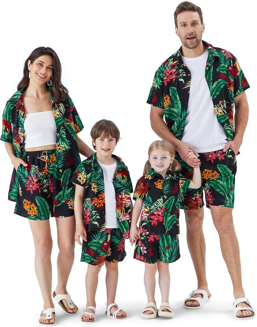 PATPAT Family Matching Outfits Hawaiian Dad and Me Beach Tropical Plant Allover Flower Print Shirt and Shorts Set (Small, Classic Black)