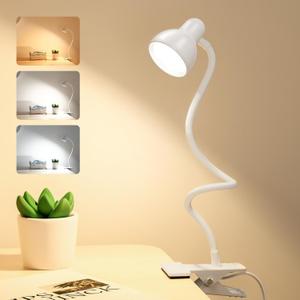 Clip on Lamp USB Reading Light, 3 Color Modes, 10 Brightness Dimmable, 360 Flexible Desk Lamp with Clamp, Eye Care Clip on Light for Bed Desk Headboard Home Dorm White