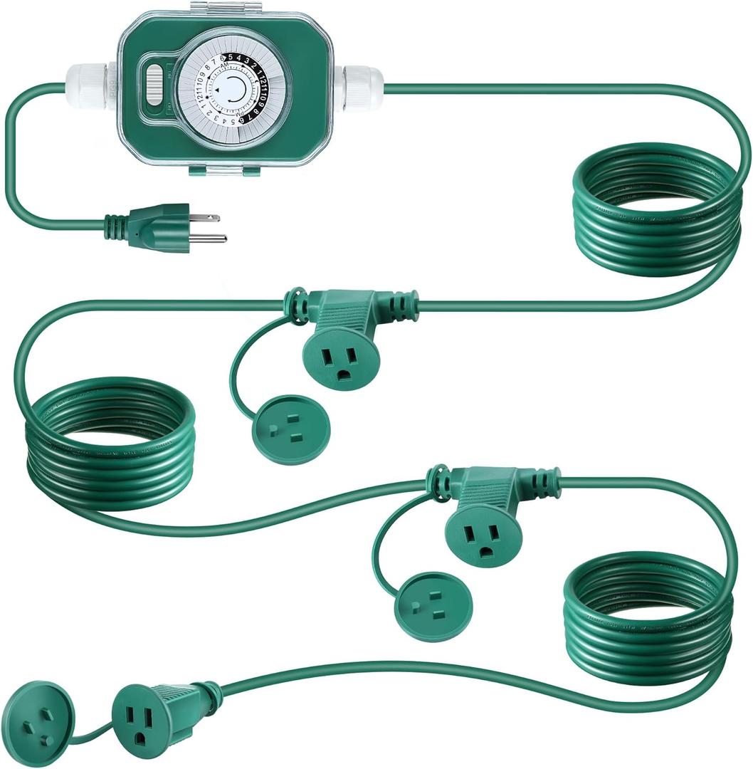 Feekoon 20FT Outdoor Extension Cord Splitter with Timer, Waterproof 3-Outlet Cord with Safety Cover 16/3 SJTW Weatherproof Power Cable for Outdoor Halloween Christmas Decorations Garden Lights