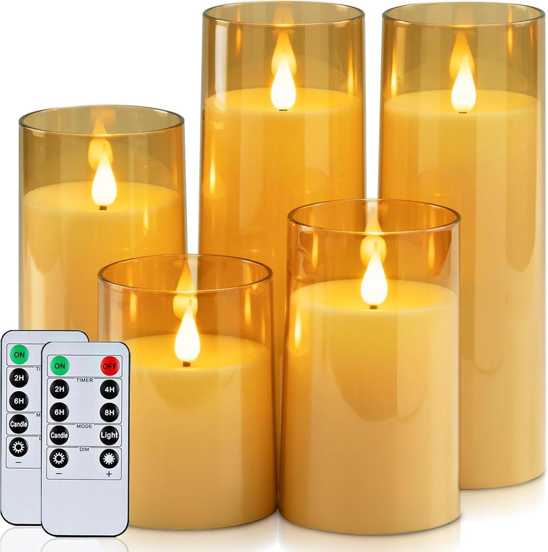 Homemory Amber Flickering Flameless Candles, Battery Operated Acrylic LED Pillar Candles with Remote Control and Timer, Fall Candles, Set of 5