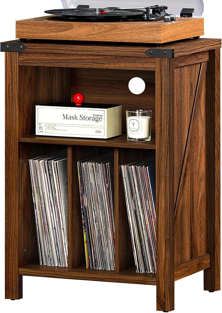 Joaxswe Record Player Stand with Vinyl Record Storage,Rustic Brown Record Player Table Holds up to 160 Albums,Large Wood Turntable Stand Cabinet Dispaly Shelf for Living Room,Bedroom,Office