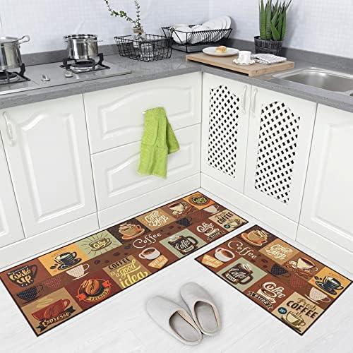 Carvapet 2 Piece Non Slip Kitchen Rug Set, TPR Backing Washable Kitchen Mats for Floor, Absorbent Runner Rugs for Doorway Bathroom Coffee Design, 17"x48" + 17"x24"