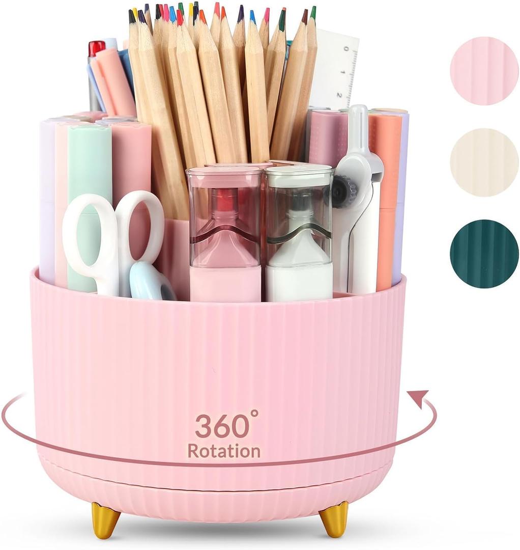 SKYDUE 360 Rotating Multipurpose Organizer - Cute Rotating Pen Holder with 5 Slots for Art Supplies, Office, School, Home (Pink_1Pack)