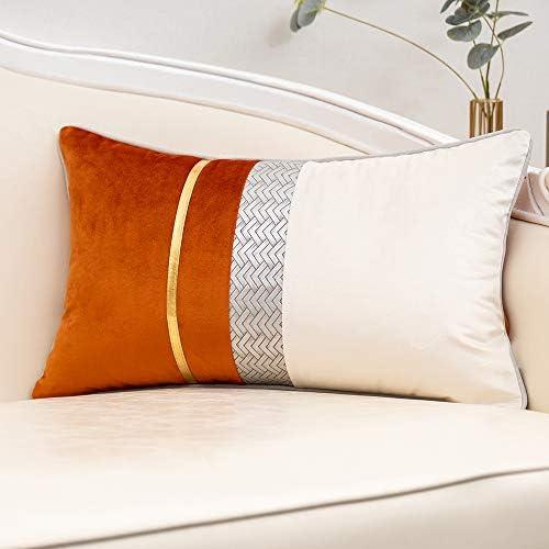 Yangest Burnt Orange Patchwork Velvet Lumbar Pillow Cover with Gold Striped Leather Cushion Case Modern Luxury Pillowcase for Sofa Couch Bedroom Living Room Home Decor, 12"x20"