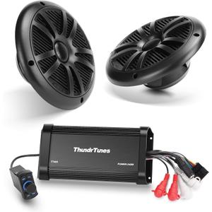 Marine Powersport Bluetooth Amplifier Audio System with 2pcs Black Speakers, Class D 60W x 4 CH, Switch Mount, Suitable for Motorcycle, UTV, ATV, Boat
