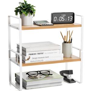 YGYQZ Desk Shelf Organizer for Top of Desk, Detachable 2 Tier Desktop Bookshelf, Wooden Desk Shelves Storage Rack, Small Desktop Shelf for Office Home Dorm, Tabletop Desk Organizer Stand (White Wood)