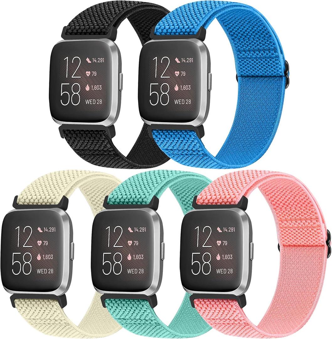 Vodtian Elastic Bands Compatible with Fitbit Versa 2/Versa Watch Band, Adjustable Nylon Braided Bands Replacement Solo Loop Sport Straps Wristband for Women Men (Black+Blue+Off-white+Mint Green+Pink)