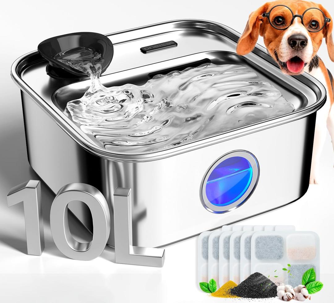oneisall Dog Water Fountain, 2.6Gal/10L Stainless Steel Dog Water Bowl Dispenser with Deeper Drinking Aera & Washable Filter, Ultra-Quiet Pet Water Fountain for Small Medium Large Dogs(with 6 Filters)