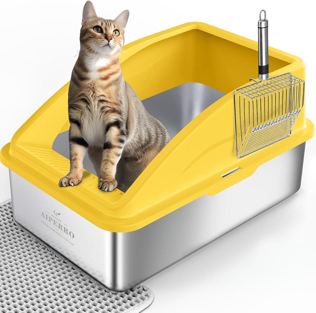 AIPERRO Stainless Steel Litter Box | XL Enclosed Cat Litter Boxes with Lid for Big Cats | High Sided, Anti-Urine Leakage | Non-Stick Bottom & Includes Litter Mat & Metal Scoop, Green