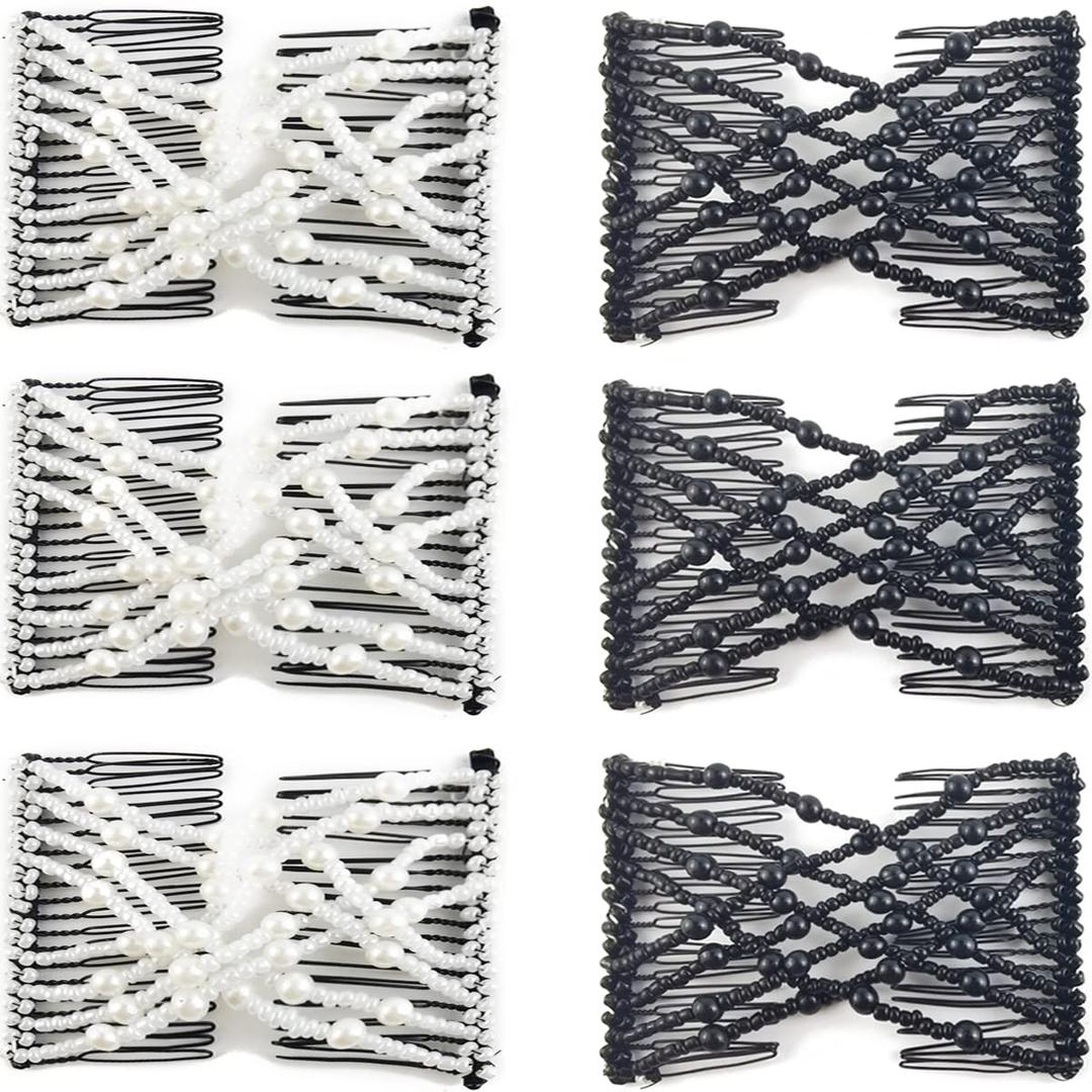 NSBELL 6PCS Beads Hair Combs Magic Elastic Hair Clips Stretchy Hair Comb Double Clips for Women Girls Hair Accessory