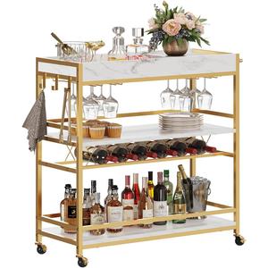 BON AUGURE Bar Cart for The Home, Rolling Home Bar Serving Cart on Wheels, 3 Tier Mobile Liquor Beverage Carts with Wine Rack and Glass Holder (Gold & Marbleized White), 13.39"D x 35.83"W x 35.03"H