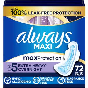 Always Maxi Overnight Pads with Wings, Size 5, Extra Heavy Overnight, Unscented, 72 Count