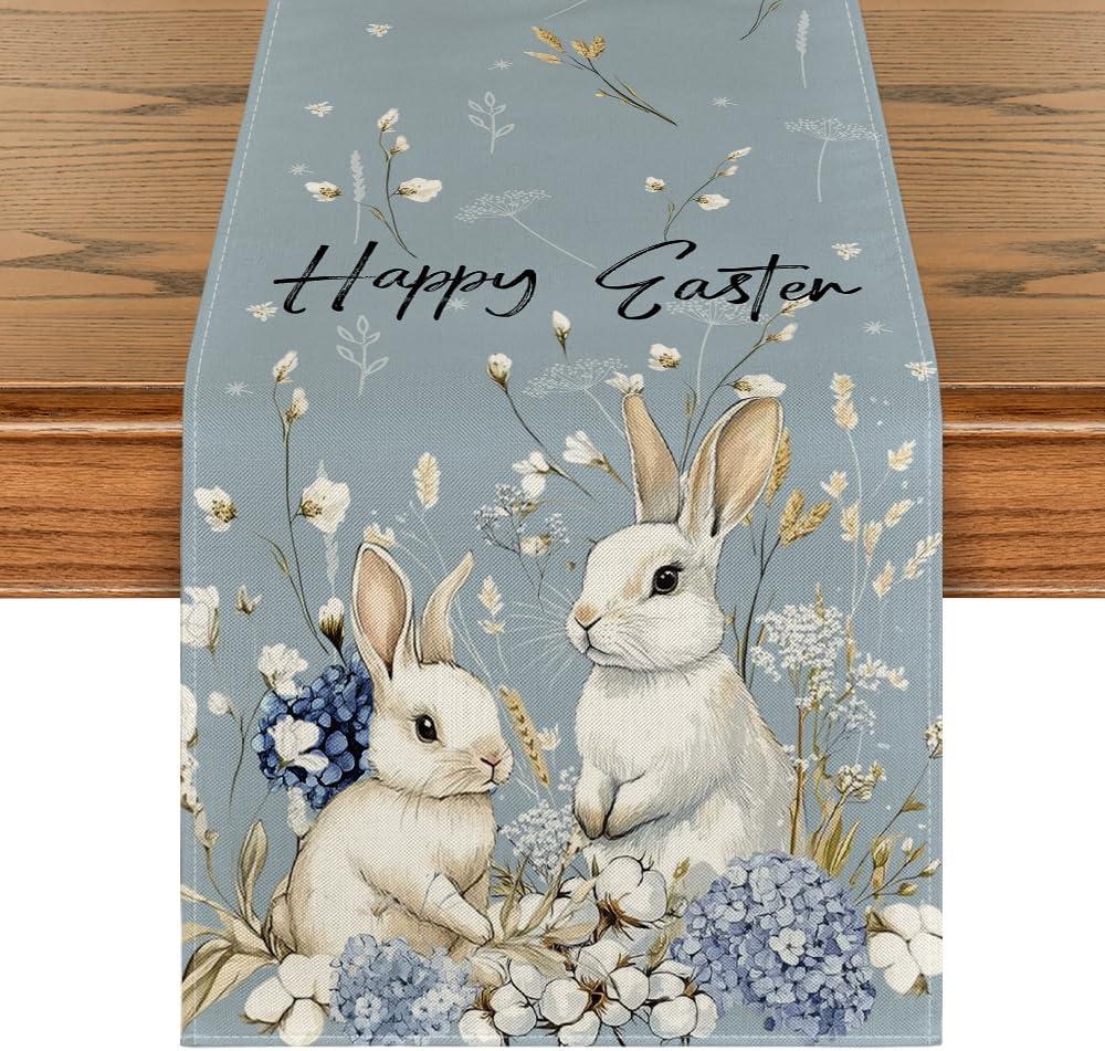 Artoid Mode Bunny Rabbit Hydrangea Happy Easter Table Runner, Seasonal Spring Kitchen Dining Table Decoration for Home Party Decor 13x90 Inch (Blue)