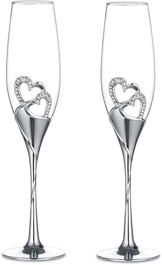 Sziqiqi Wedding Champagne Glass Set Silver Toasting Flute Glasses Pack of 2 with Rhinestone Rimmed Hearts Decoration for Wedding, Anniversary and Special Occasions