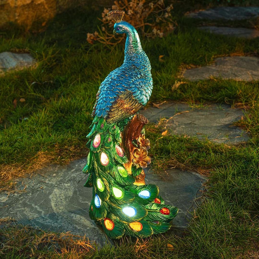Solar Peacock Statues Garden Outdoor Decor Porch Patio Lawn Yard Art Decorations Peacock Sculpture with LED Lights Father's Day Birthday Housewarming Christmas Gardening Gifts for Mom Dad
