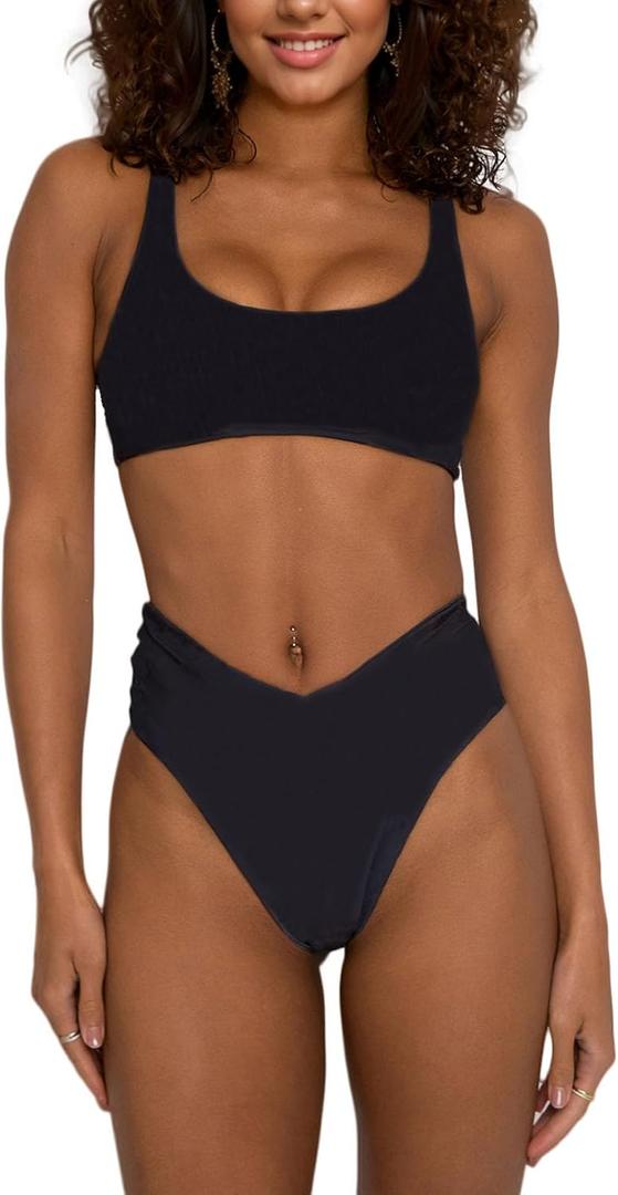 Women's High Waisted Bathing Suit Cute Scoop Neck Sporty Crop Top Push Up Bikini Sets Cheeky V Cut Leg Rise Bottom (Black) M Women's High Waisted Bathing Suit Cute Scoop Neck Sporty Crop Top Push Up Bikini Sets Cheeky V Cut Leg Rise Bottom (Black) M