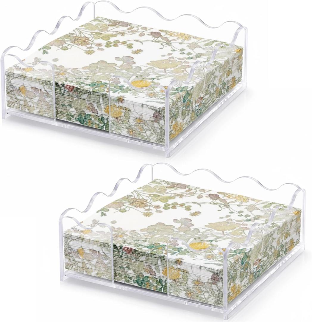 Kathfly 2 Pack Scalloped Clear Acrylic Napkin Holder, 7 x 7 x 2.56 Inch Scalloped Tray, Disposable Paper Napkin Holder for Weddings, Bathroom, Kitchen, Dining, Bars, Hotels and Home Decoration