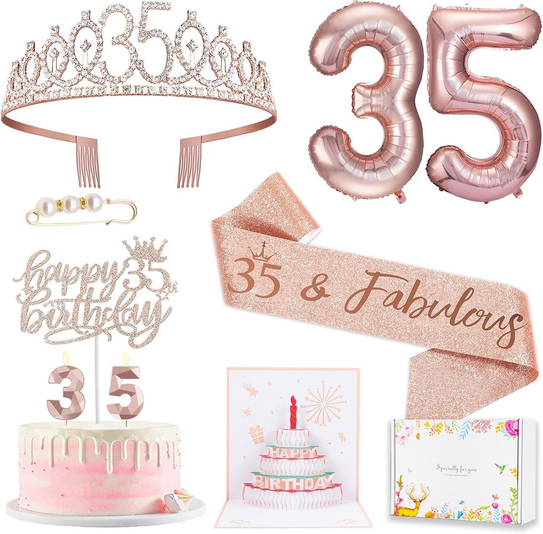 35th Birthday Decorations Gifts for Women, Including 35 year old Birthday Cake Topper, Birthday Queen Sash with Pearl Pin, Sweet Rhinestone Tiara Crown, Number Candles and Balloons Set, Rose Gold