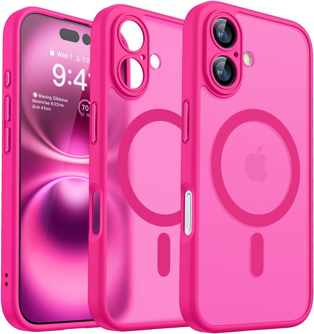 CANSHN Magnetic for iPhone 16 Case, Upgraded [Full Camera Protection] [Compatible with Magsafe] [Translucent Matte] Shockproof Protective Phone Case for iPhone 16 - Hot Pink