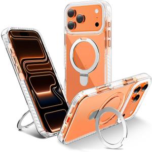 UMIONE for iPhone 17 Pro Clear Magnetic case with Stand and Finger Ring, Compatible with magsafe, Shockproof Transparent Hard Plate, Full Body case, Universal for Boys and Girls 6.3 - White