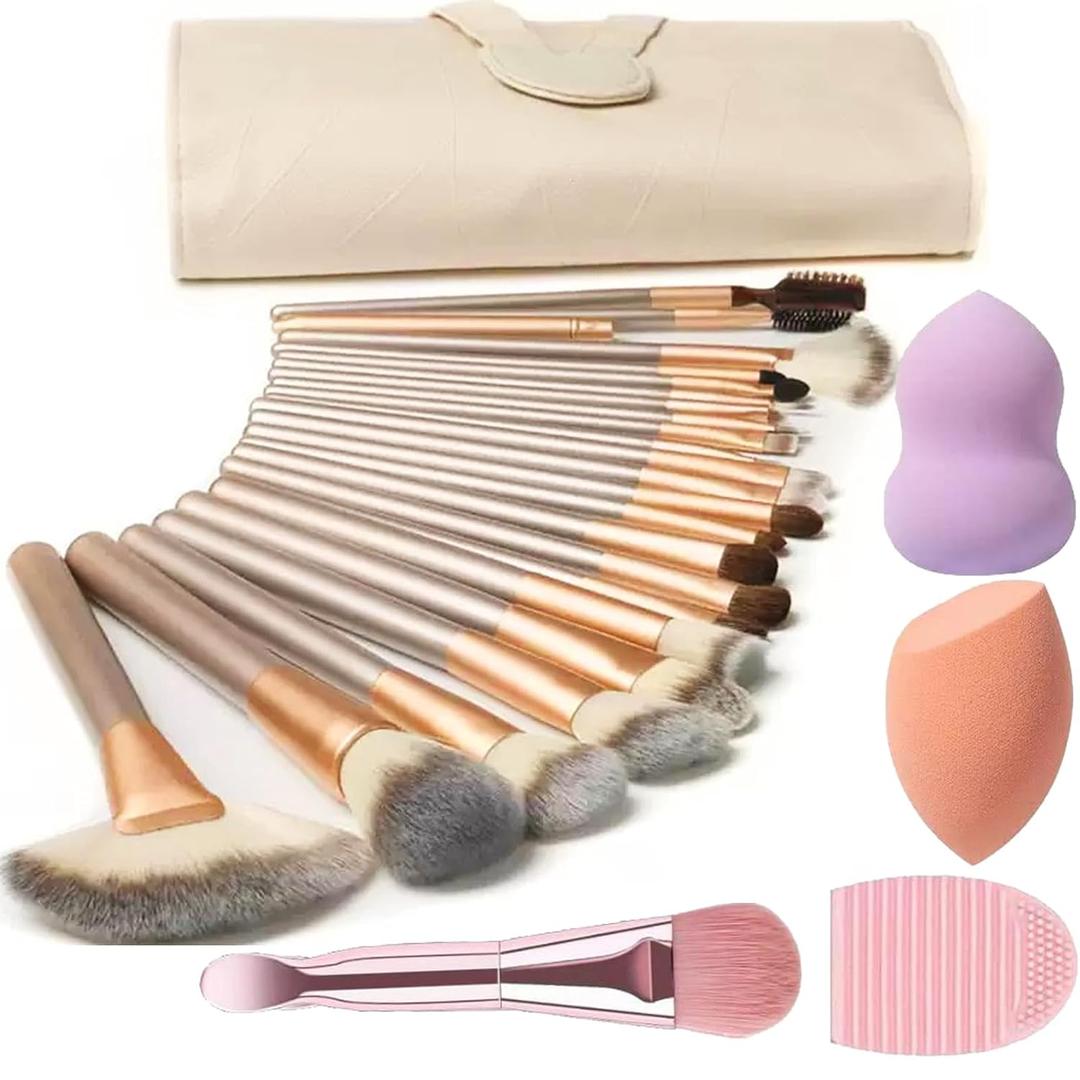 Makeup Brush Set, NEVSETPO 28PCS Make Up Brushes For Women Include 24 Makeup Brushes 2 Sponges, 1 Dual End Mask Spatula, 1 Brush Egg Cleaner, 1 Travel-Friendly Easy Clean Roll Up Makeup Bag