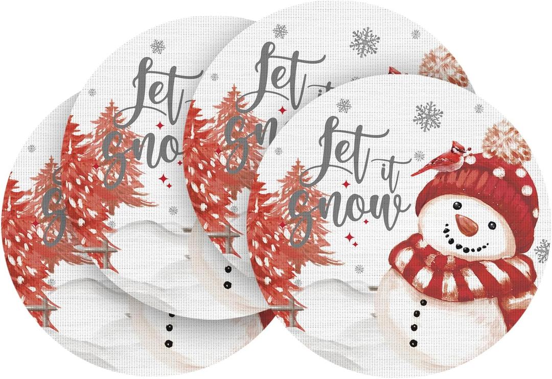 Artoid Mode Red Winter Snowman Vinyl Round Placemats Set of 4, 14 Inch Washable Non-Slip Woven Plastic Table Mats for Party Kitchen Dining Decor