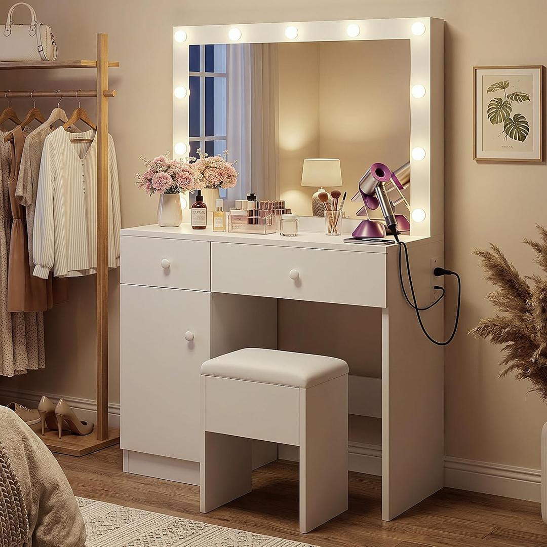 Haewon Makeup Vanity Desk with Lighted Mirror and Chair Set, White Built-In Charging Station, 3 Lighting Modes, Storage Cabinet and Drawer for Bedroom, 15.2"D x 31.5"W x 52.75"H