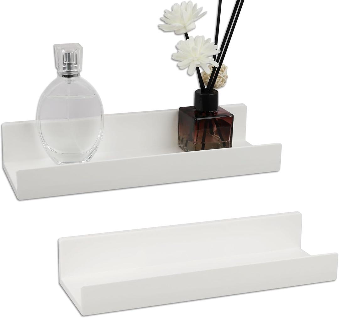 Floating Shelf Set of 2 - 10.6" Wall Mounted Plastic Shelves for Bedroom With Adhesive Strip,Compact Nursery Shelf with Lip,Small Picture Display Ledge Shelf for Living Room Bathroom Kitchen - White