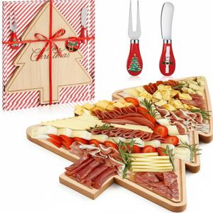 Christmas Tree Charcuterie Board Xmas Cutting Cheese Board Wooden Platter with Knives and Forks Serving Trays Gift for Kitchen Cheese Food Fruit(Bamboo, Christmas Tree) 