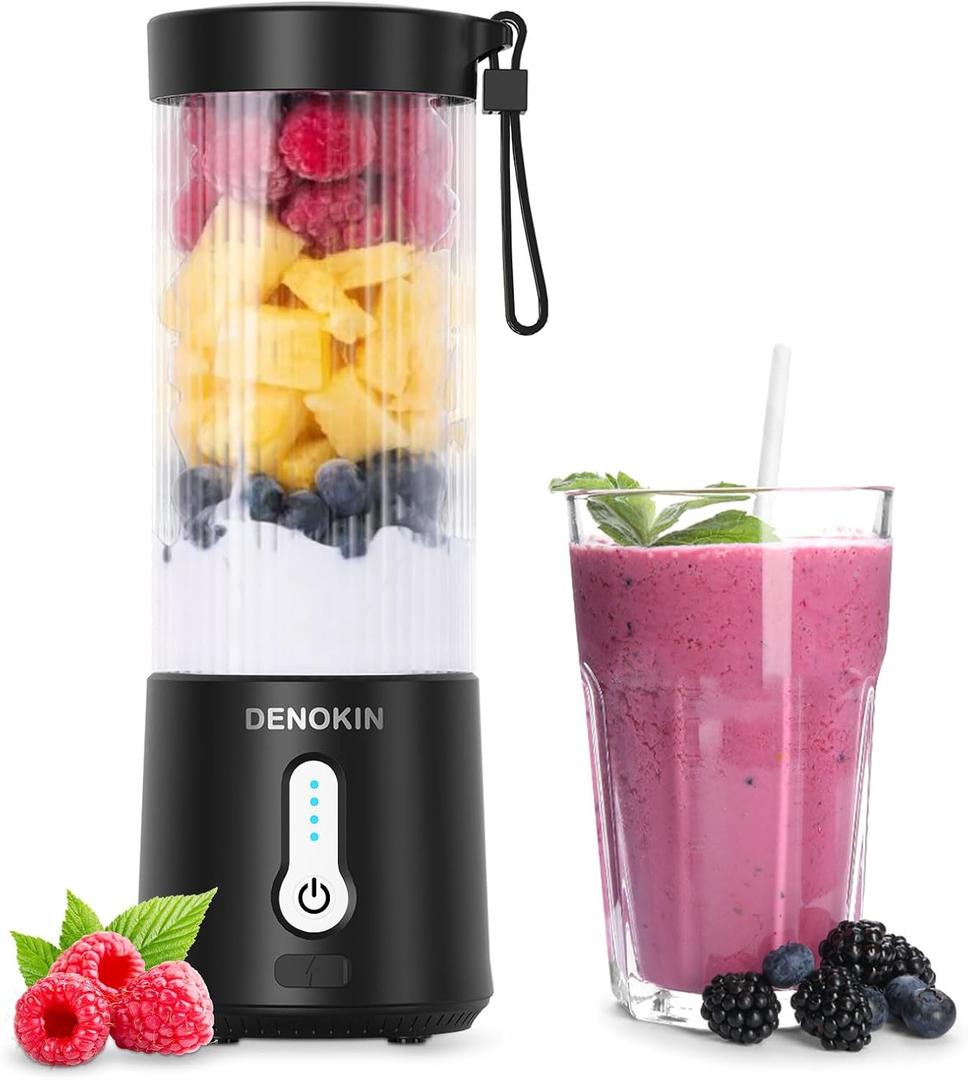 DENOKIN Portable Blender 16oz Vessel, Cordless Personal Size Small Blender for Shakes and Smoothies with 6 Blade for Kitchen, Home, Travel (Black)