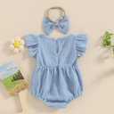 Newborn Baby Girl Clothes Ruffle Sleeve Solid Smocked Bubble Romper Jumpsuit Bow Headband Cute Summer Clothes (Blue)