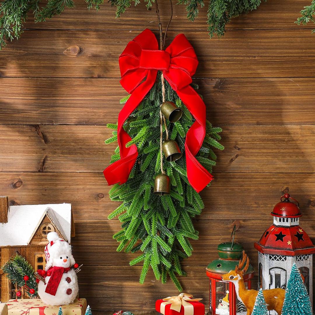 Dingion 23.6'' Christmas Teardrop Swag Wreath with Bells and Red Ribbon Bow Christmas Artificial Greenery Pine Teardrop Swag Farmhouse Xmas Winter Wreath for Door Window Wall Home Decor(Norfolk Pine)